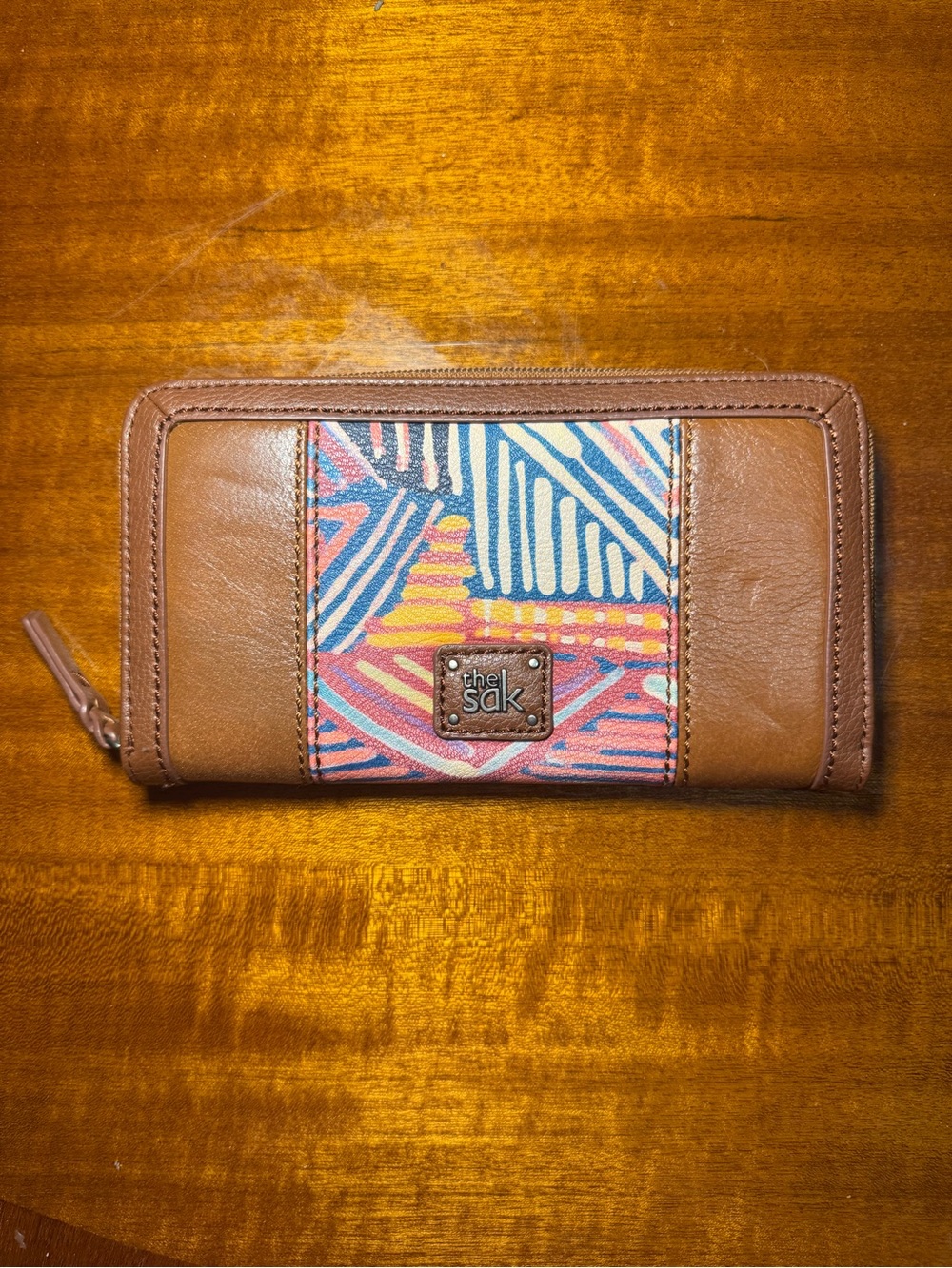 The Sak Tan Leather Zip Wallet with Colorful Geometric Panel